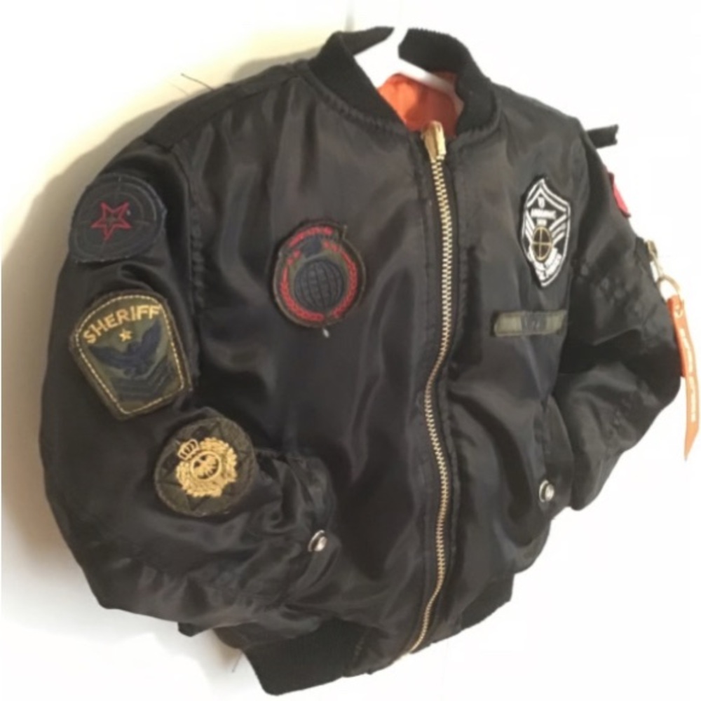 Kids Boys or Girls Black Bomber Jacket with Patches